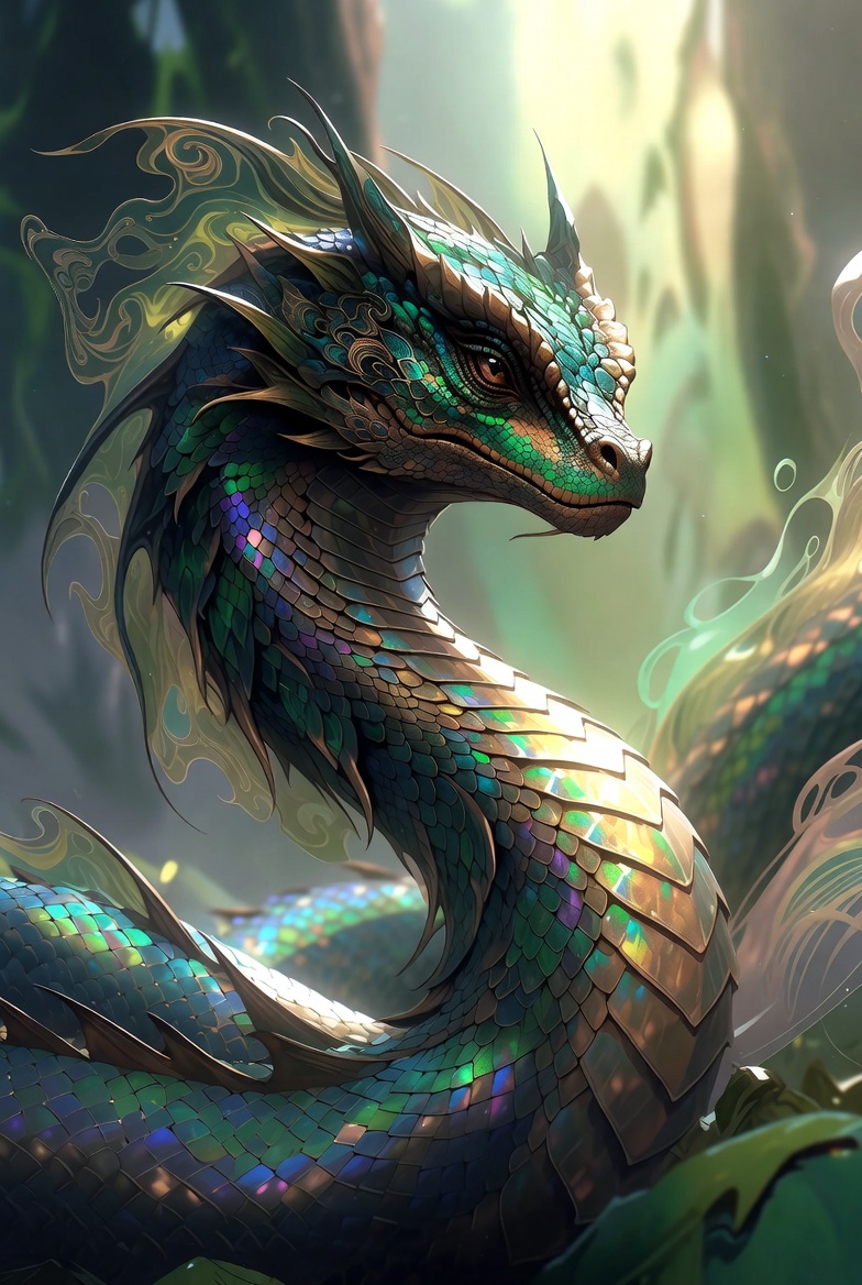 Majestic Iridescent Naga Dragon in Enchanted Forest