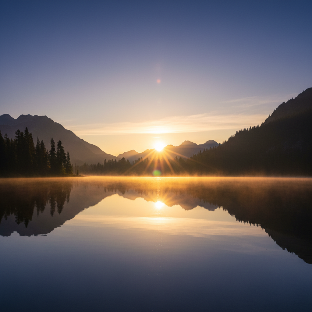 Golden Sunrise Over Alpine Mountain Lake