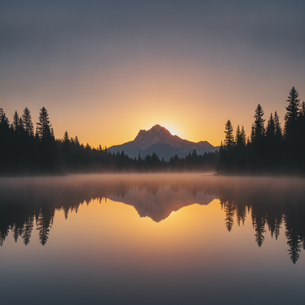 Sunrise Over Misty Mountain Lake