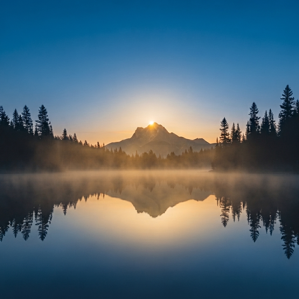 Sunrise Over Misty Mountain Lake