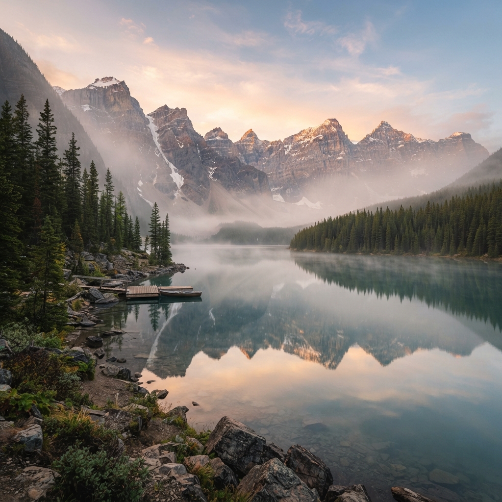 Alpine Lake at Dawn with Misty Reflections