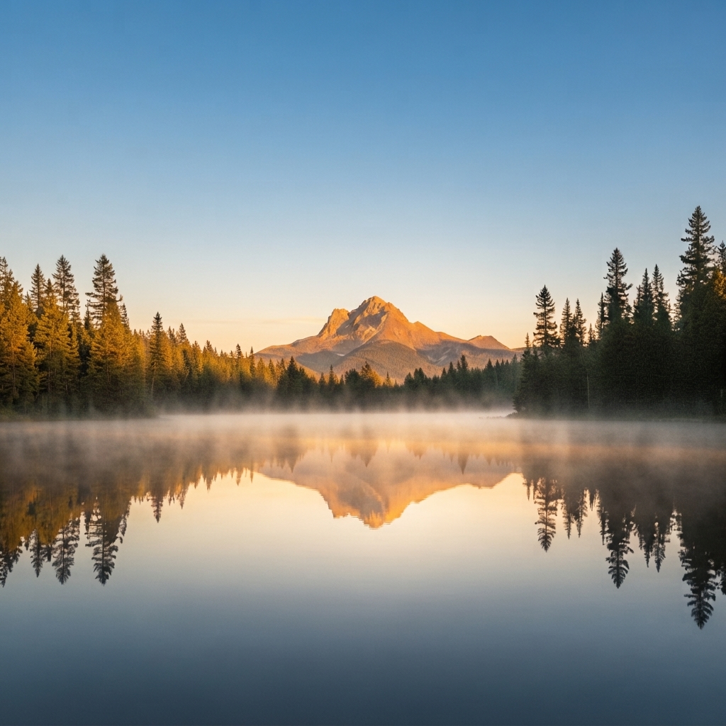 Golden Sunrise Over Misty Alpine Lake